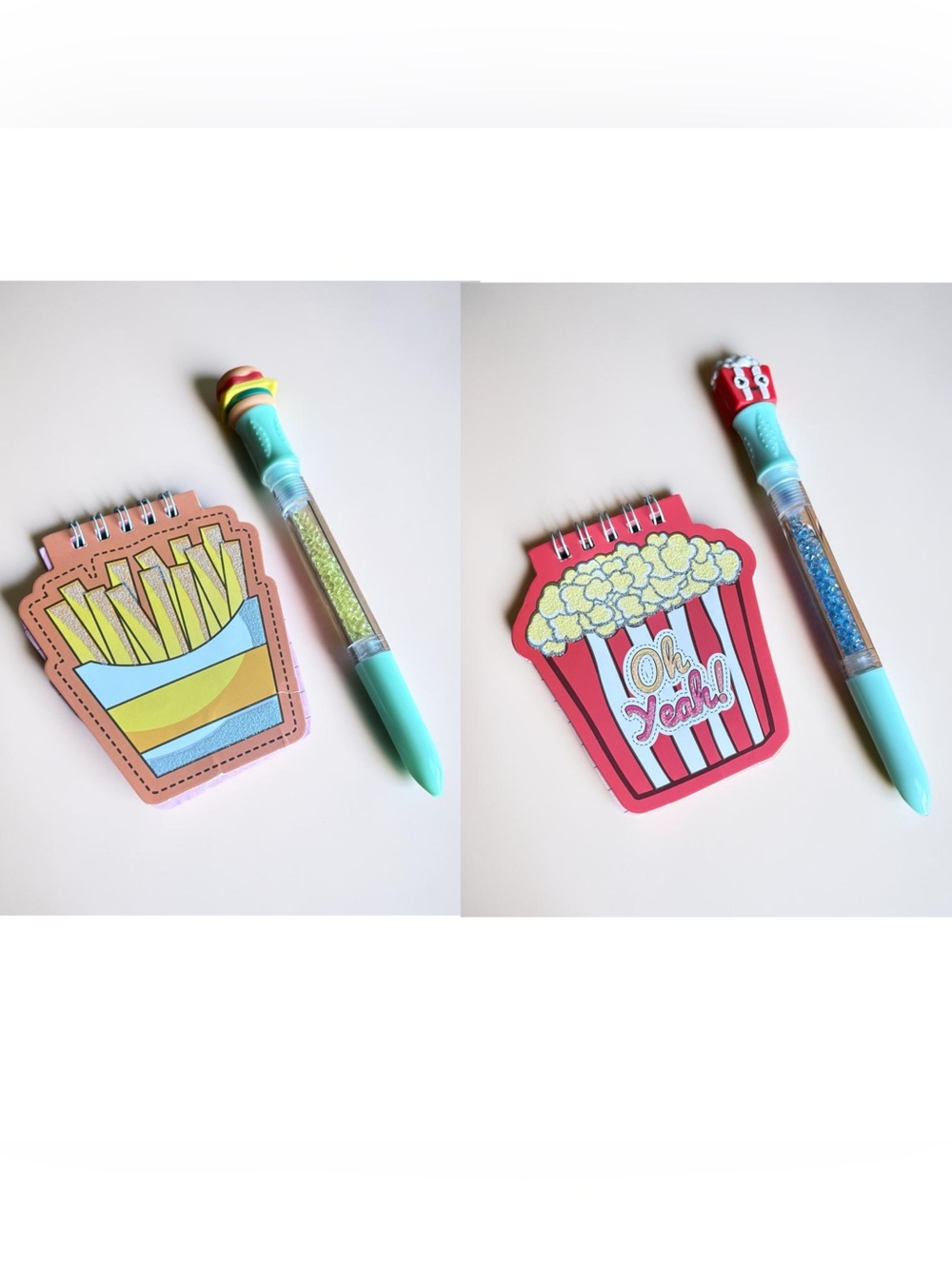 Fries and Popcorn Mini Notepads with Aqua Glitter Pens